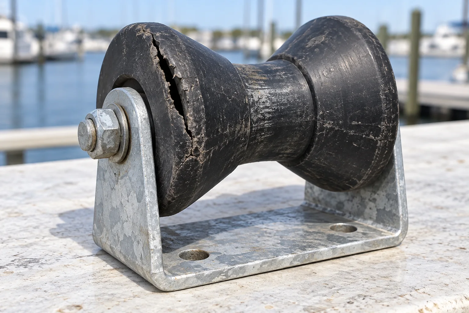 Worn black rubber bow-stop roller with a visible split in its flange, mounted in a galvanized bracket