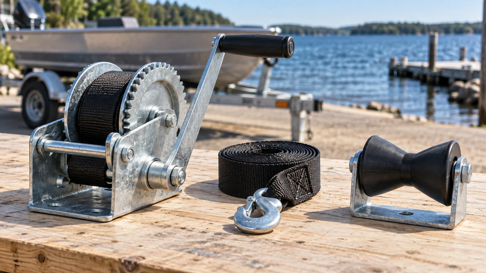 Manual trailer winch, rolled black strap with hook, and rubber bow-stop roller arranged on a marina workbench