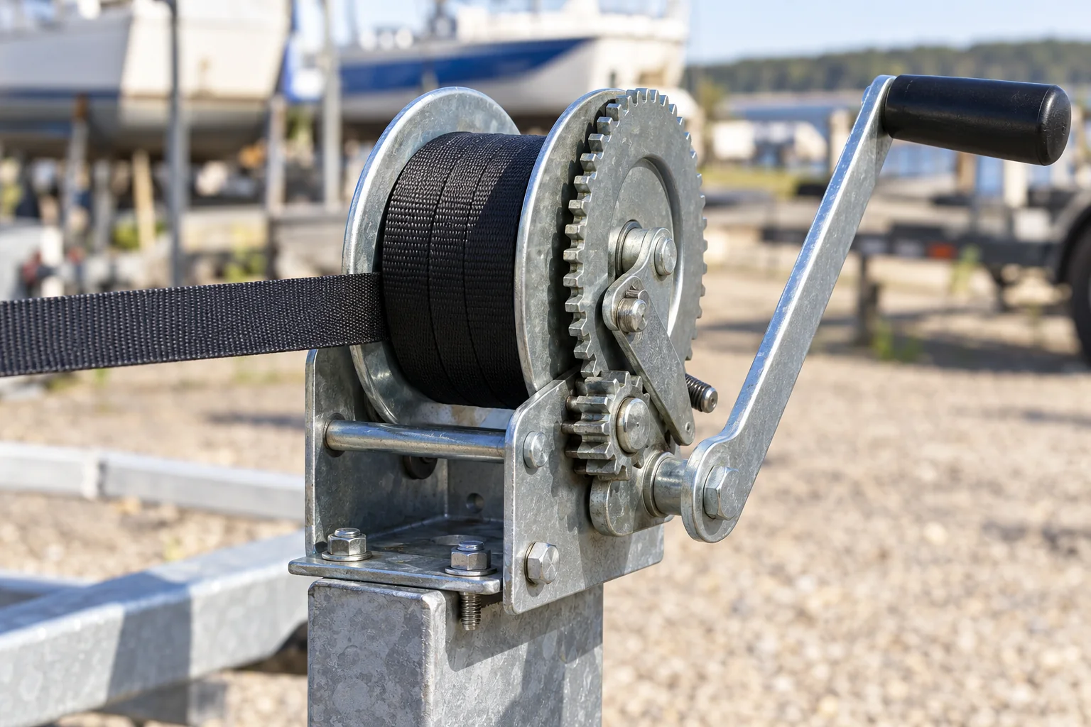 Close-up of wound black webbing, steel drum flanges, exposed gears and a manual winch crank