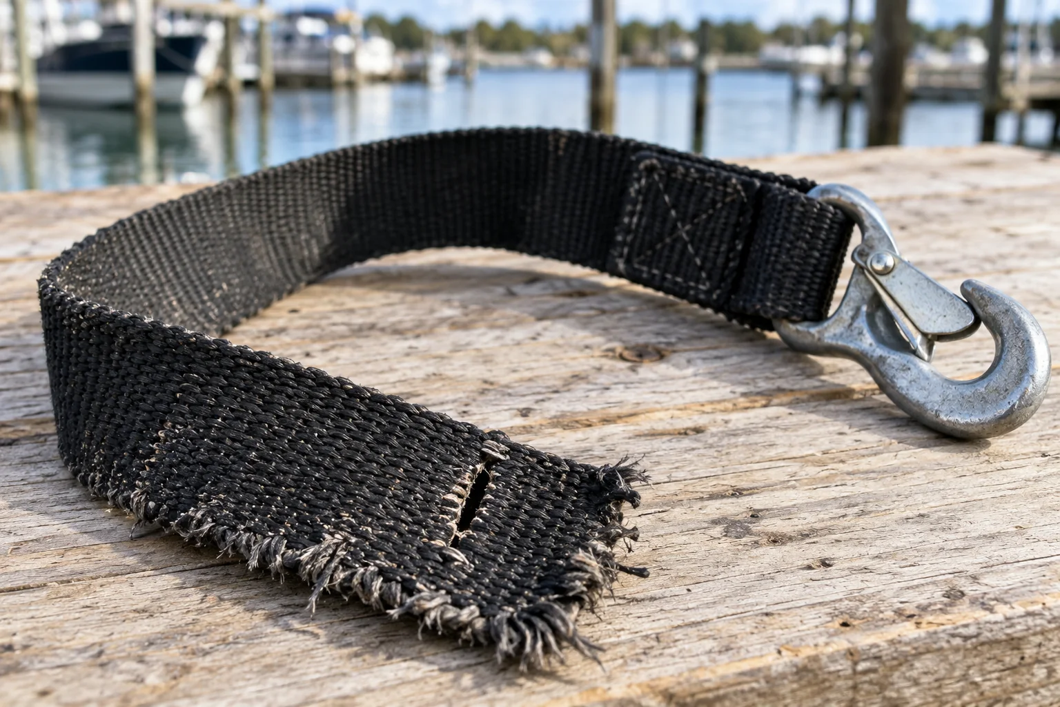 Detached black winch strap with frayed edges, a transverse cut, sewn loop and galvanized hook on a wooden bench