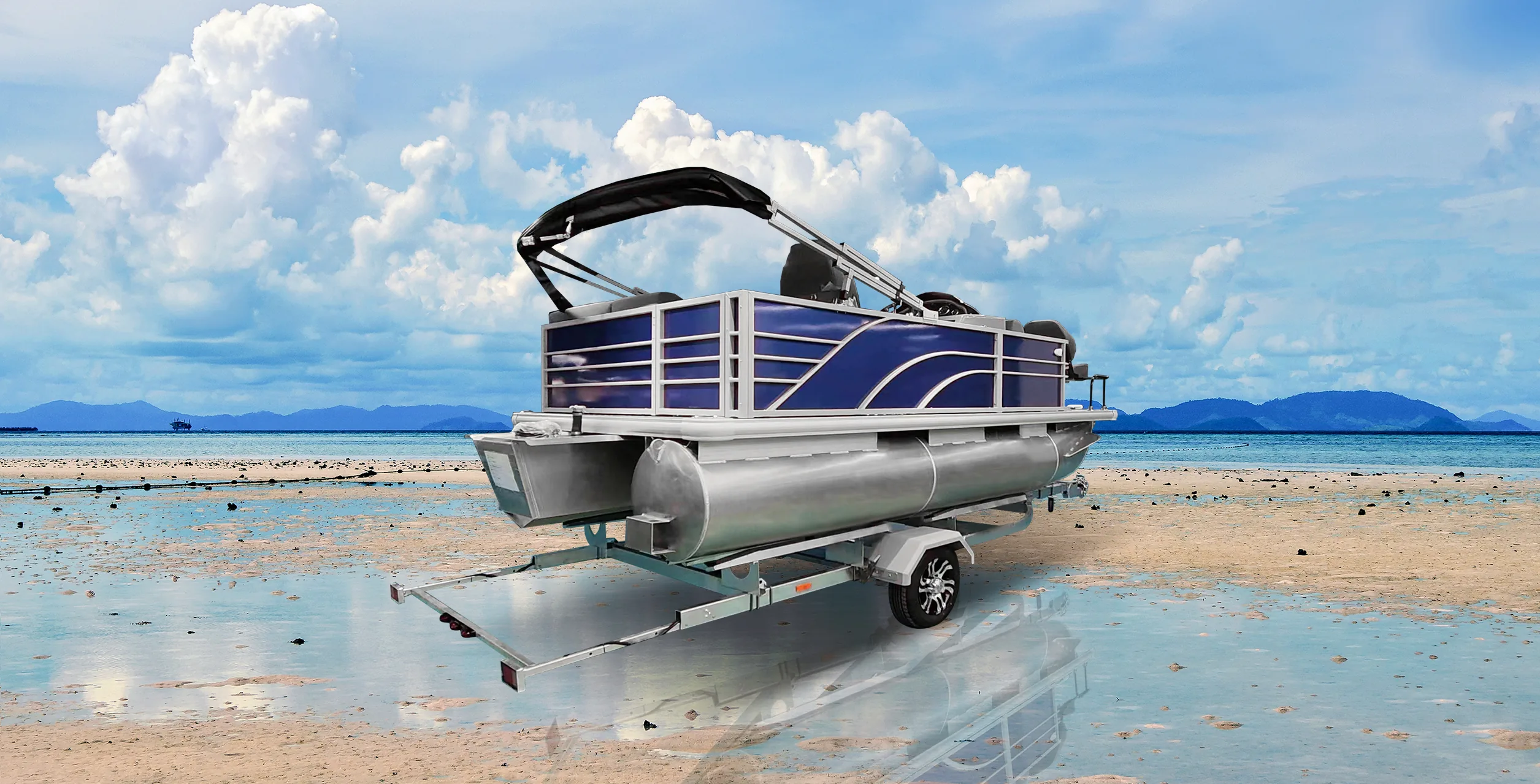 Cove 16 reference pontoon boat with a bimini top on a trailer
