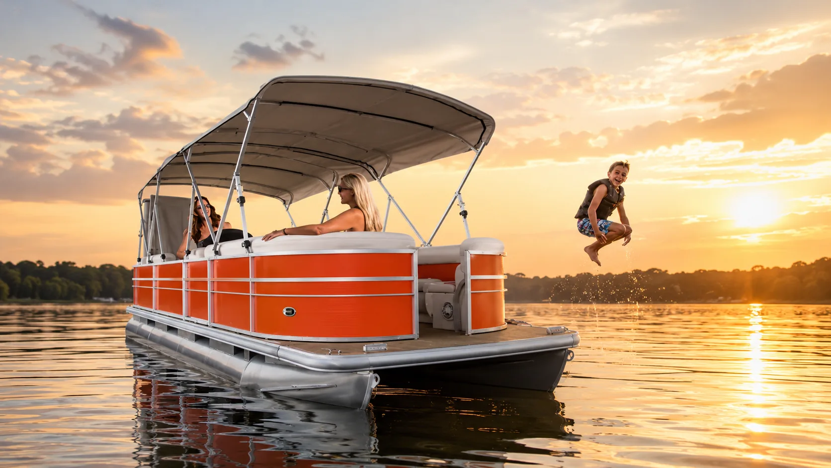 Cove 22 pontoon boat at sunset with a bimini top and stern swim platform