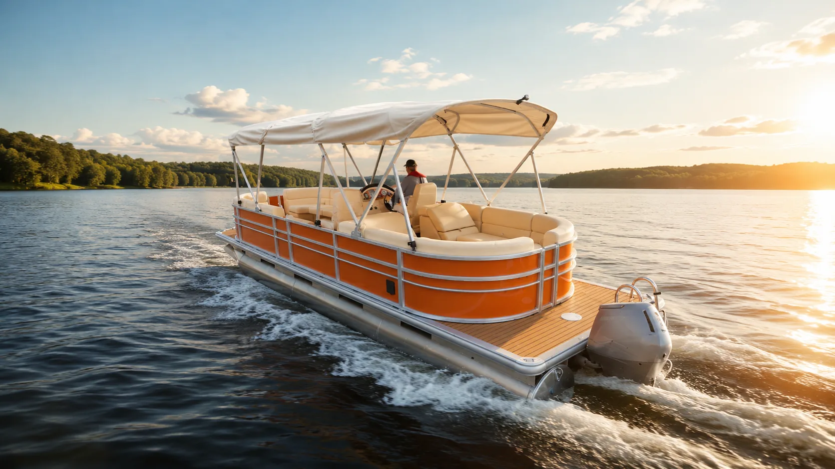 Cove 24 pontoon boat cruising with its bimini top up