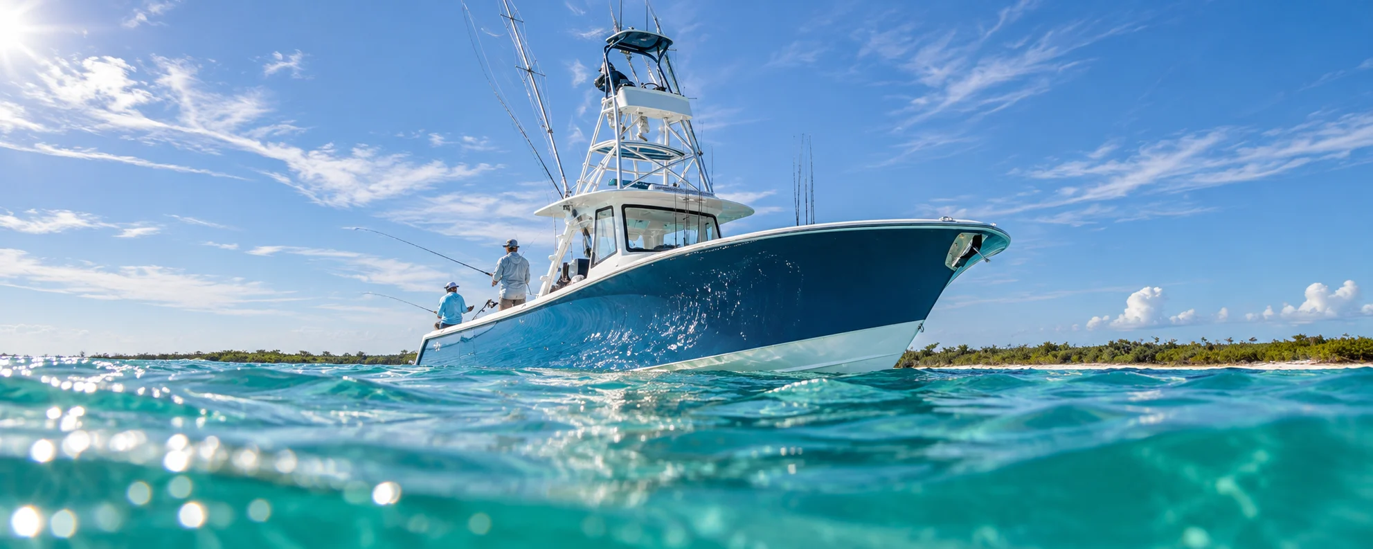 Blue fishing boat viewed at water level beneath an open sky. Example of a blue fishing boat on turquoise water · Not a production model