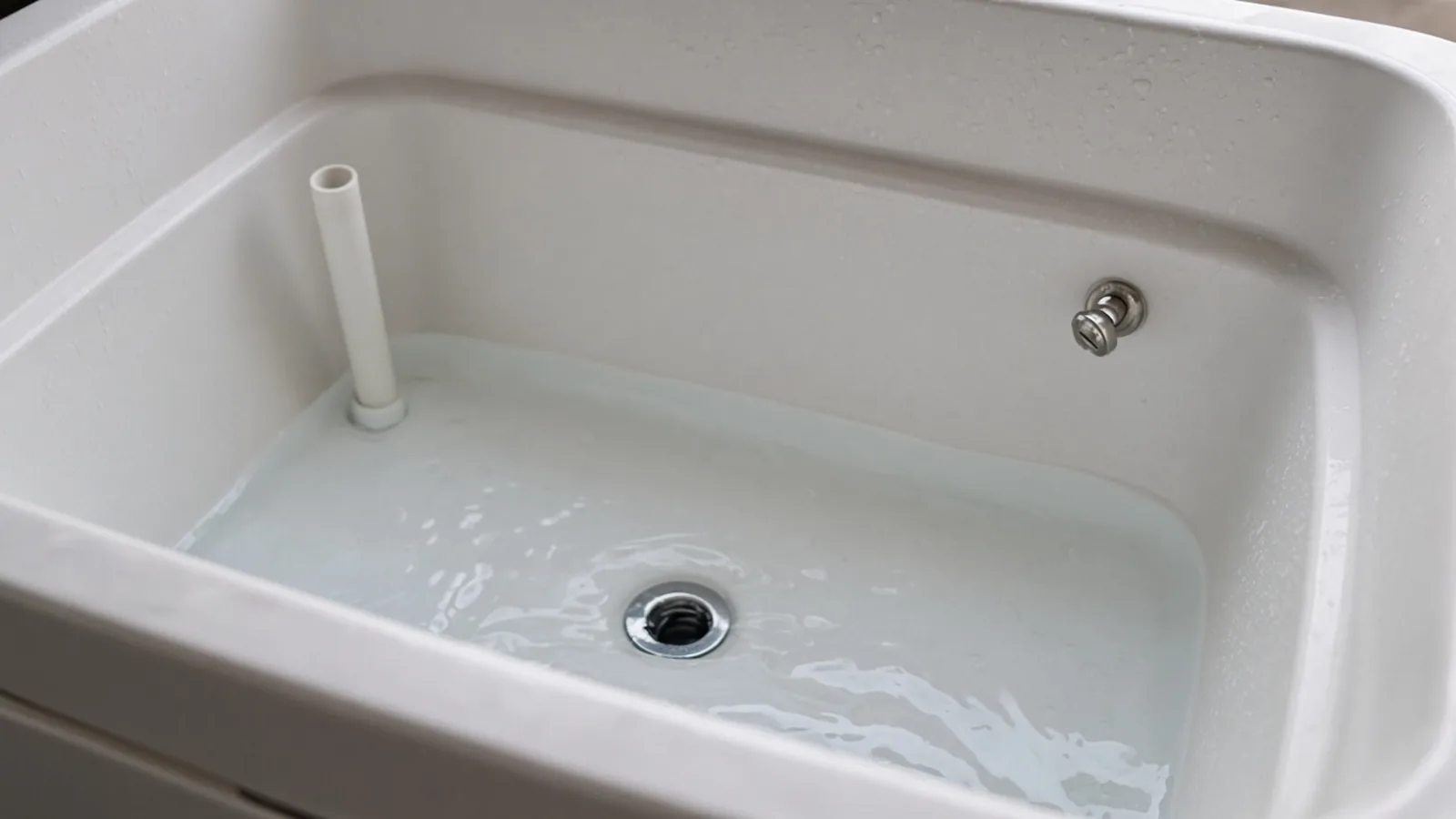 Illustrative white tank interior with a standpipe, wall fitting and floor drain