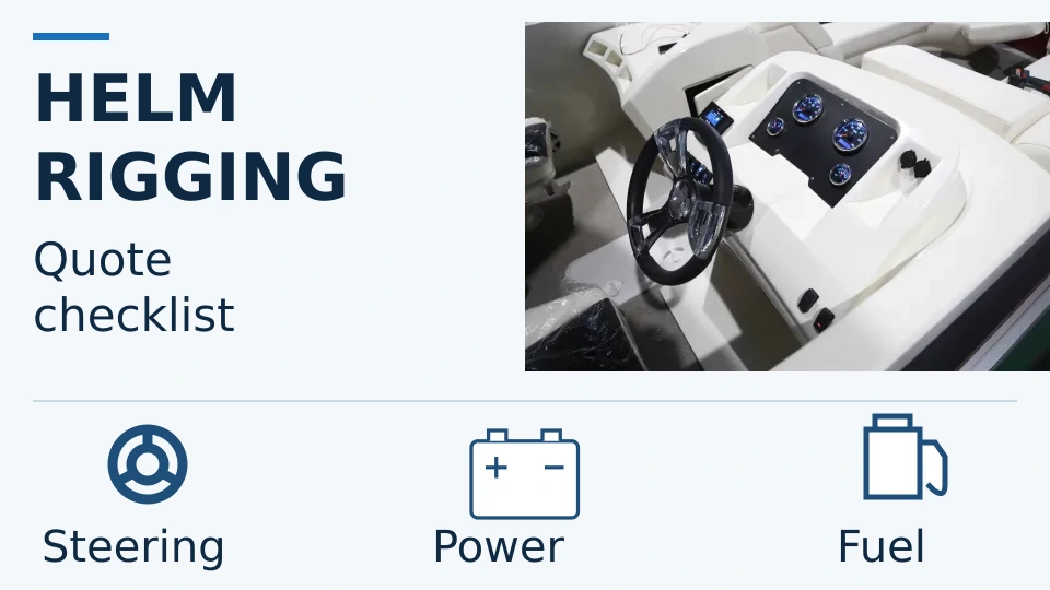 Helm rigging quote checklist with steering, power and fuel icons beside a source-range helm photograph