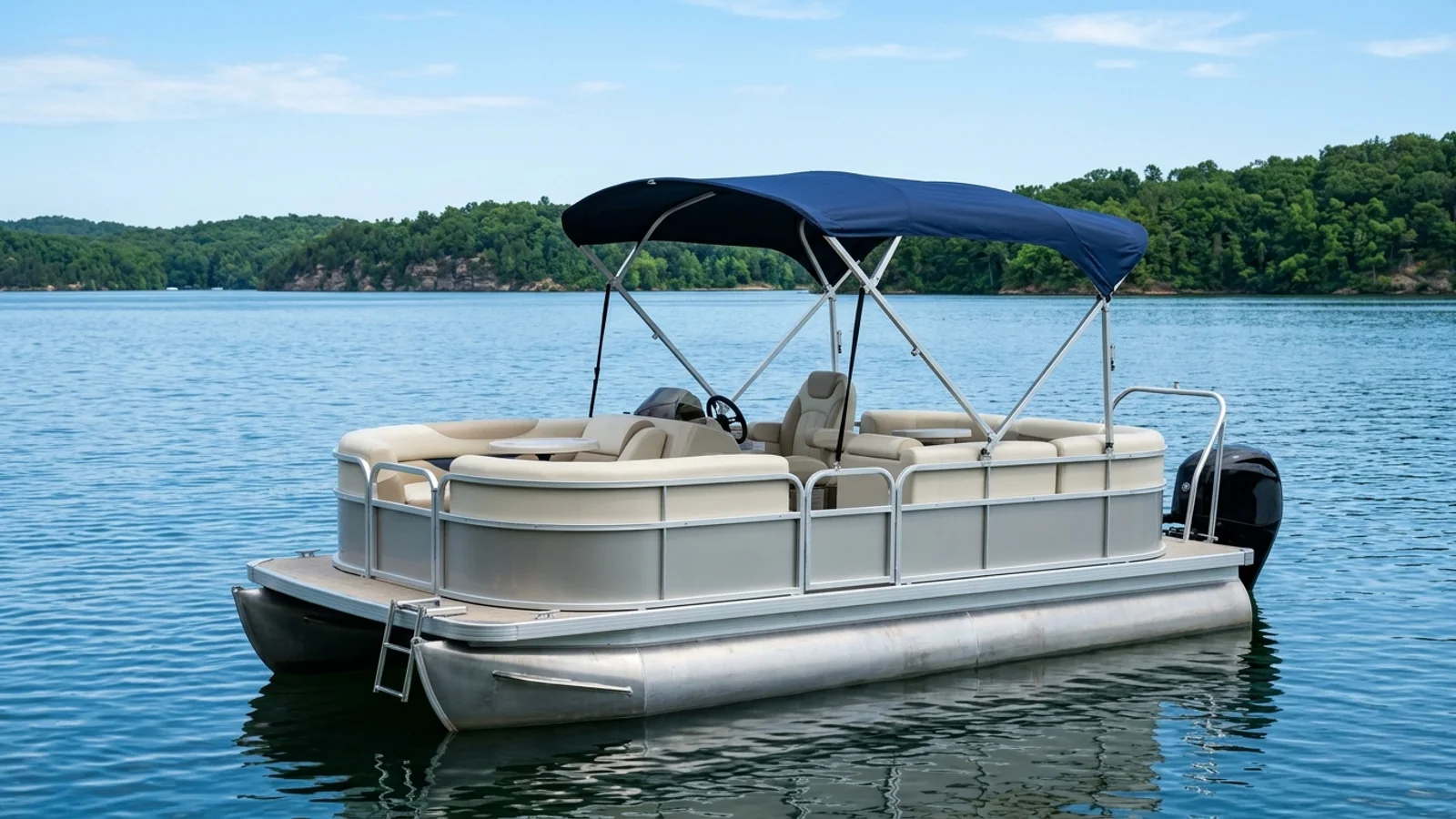 Aluminum pontoon boat on calm lake water with a deployed square-tube bimini top mounted on the flat top rails of the pontoon fence