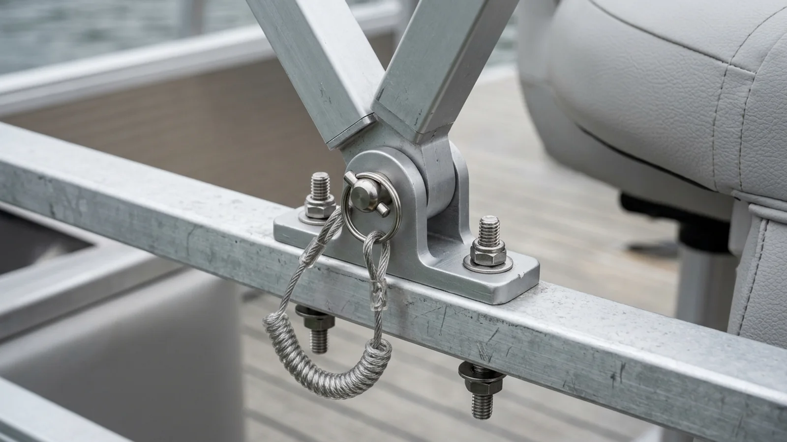 Close-up of a square-tube aluminum bimini main bow hinge and quick-release pin mounted on the flat top rail of an aluminum pontoon fence