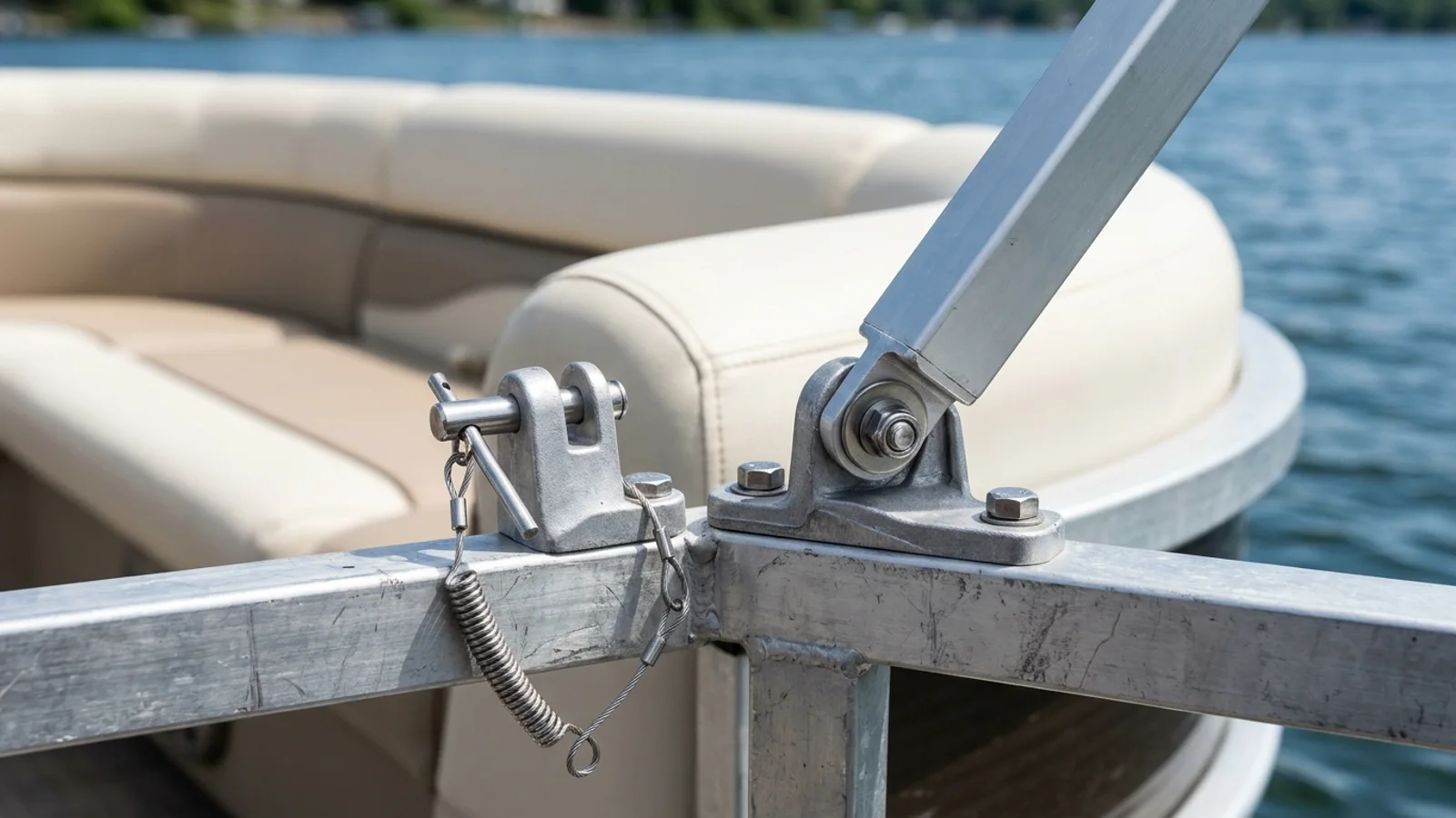 Close-up of an angled aluminum rear bimini support brace strut attached to a fixed deck hinge on a square pontoon fence rail alongside a front high-rise bracket