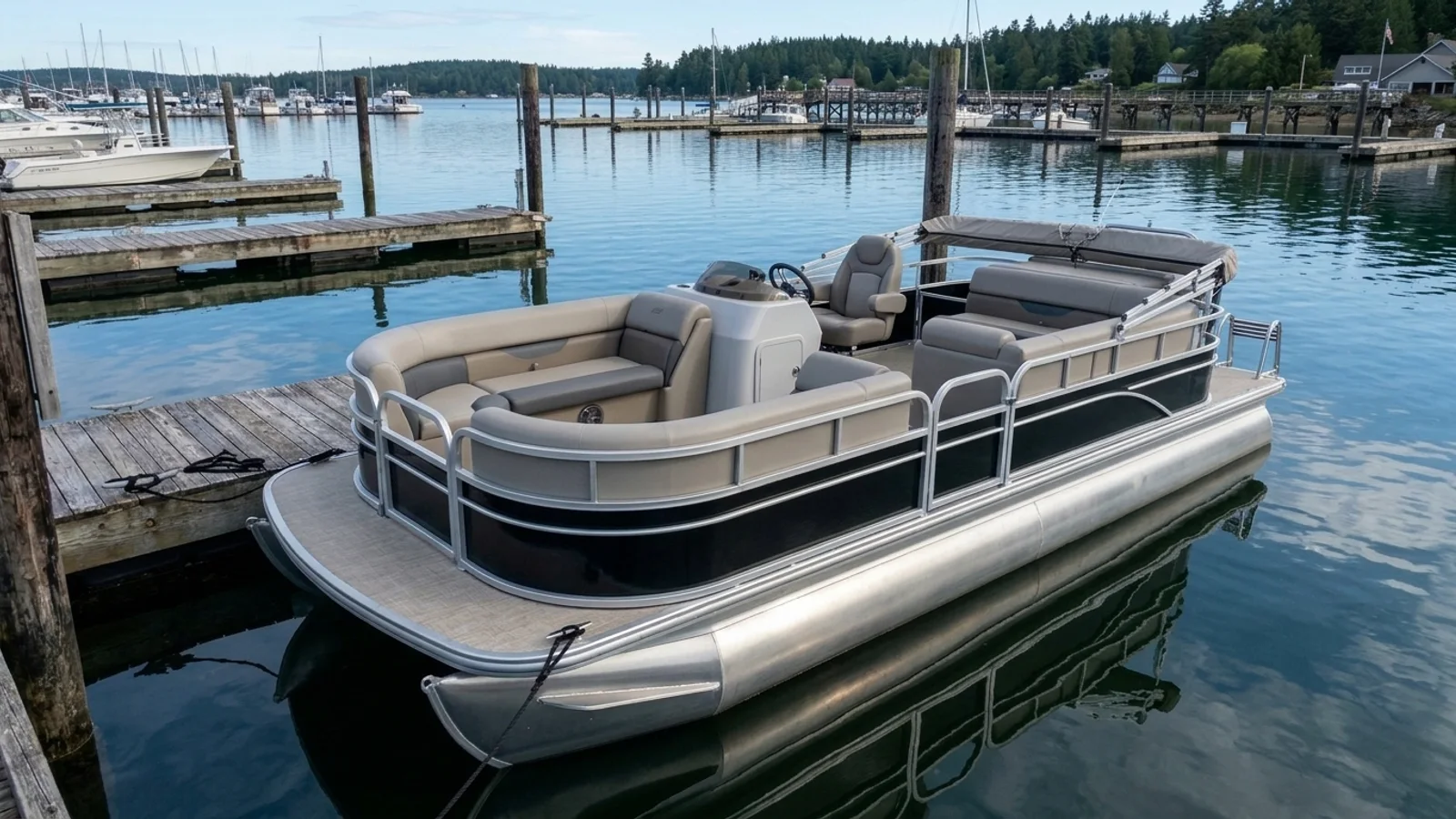 Uncovered aluminum pontoon boat at a dock showing the bow deck apron ahead of the front gate, partially enclosed fence rails, and folded stern bimini frame