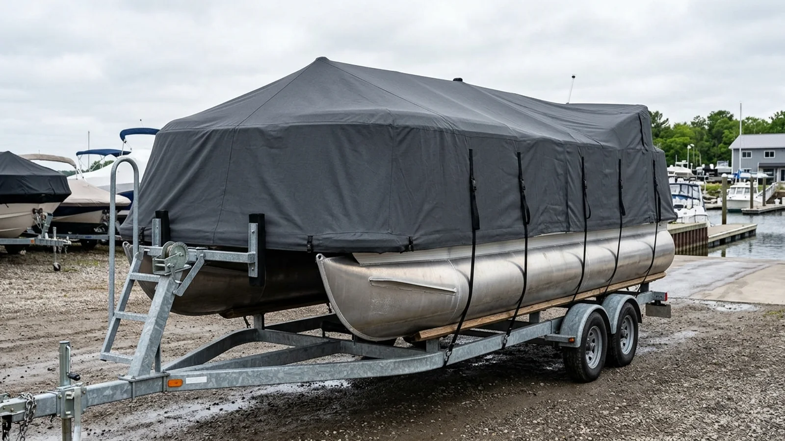 Pontoon boat on a trailer with a fitted cover tensioned over the fence rails and strapped to the trailer frame