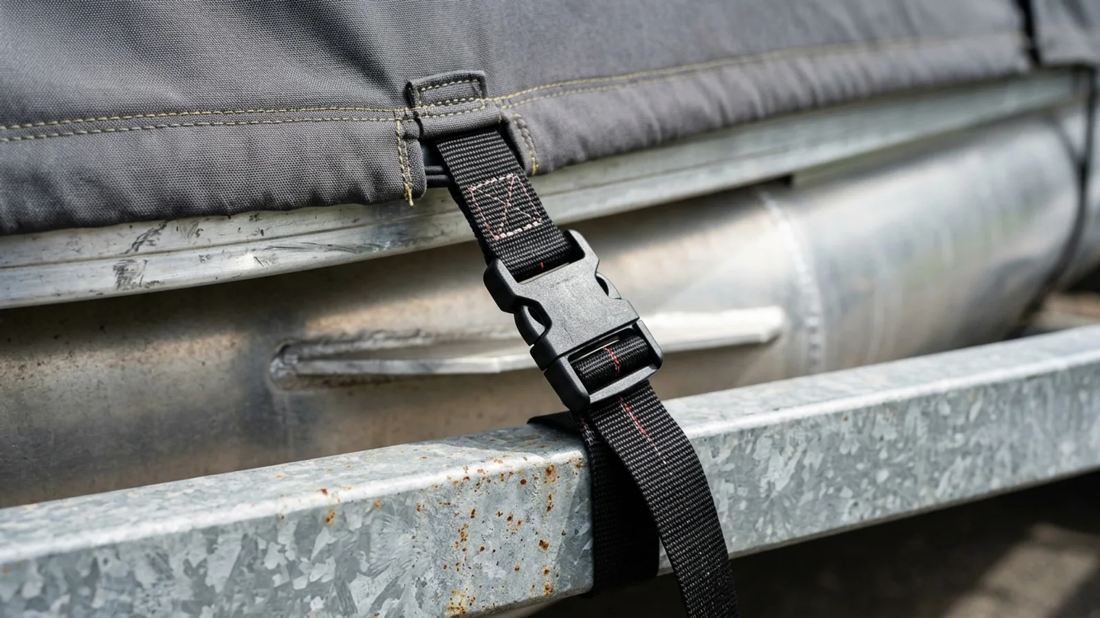 Close-up of black webbing tie-down straps threaded through a boat cover hem loop and secured to a galvanized steel boat trailer frame