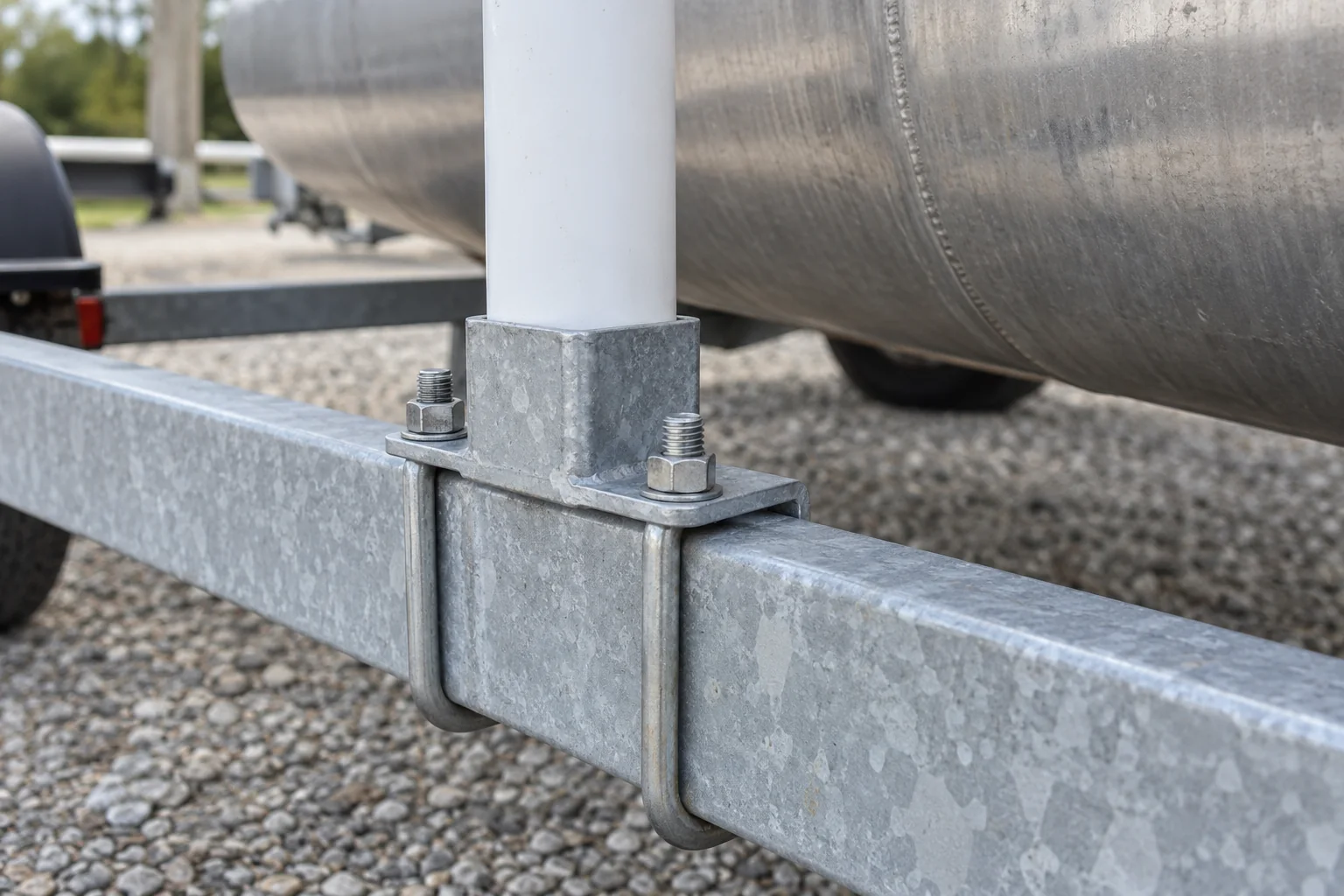 White-sleeved guide upright and U-bolt mounting bracket on a galvanized rectangular trailer crossmember