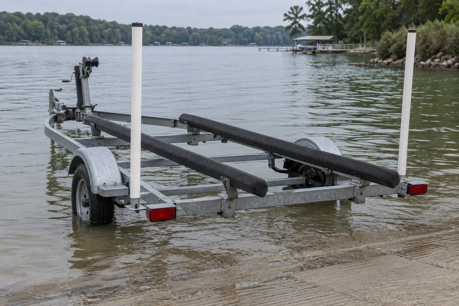 Empty bunk-style pontoon trailer at a concrete ramp with white guideposts above the water