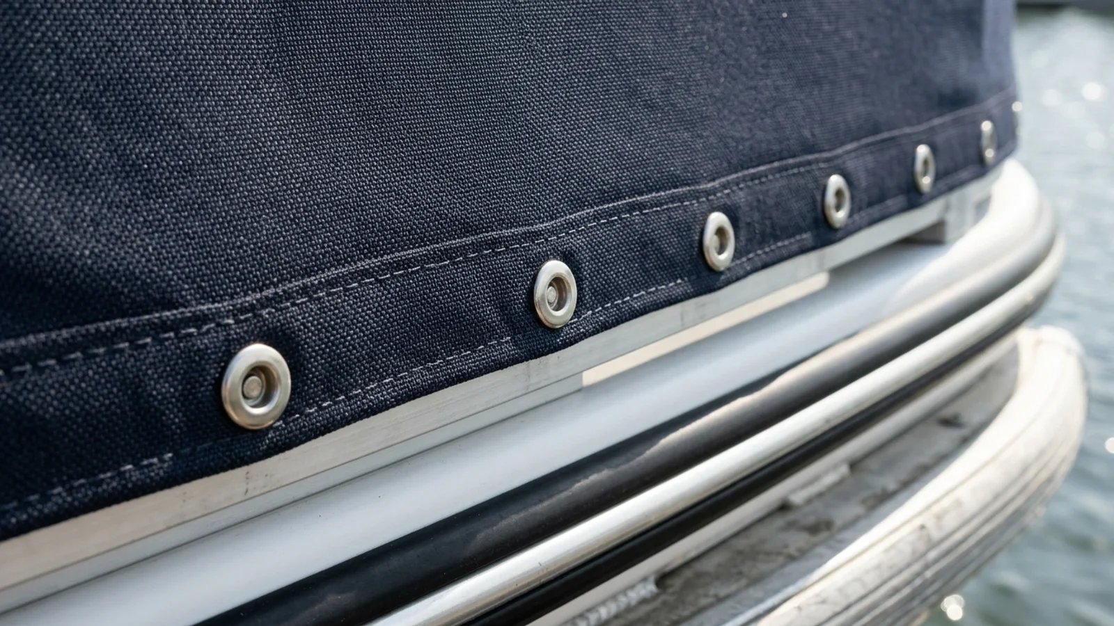 Close-up of a pontoon playpen cover fastened with snaps along the outside aluminum fence rail