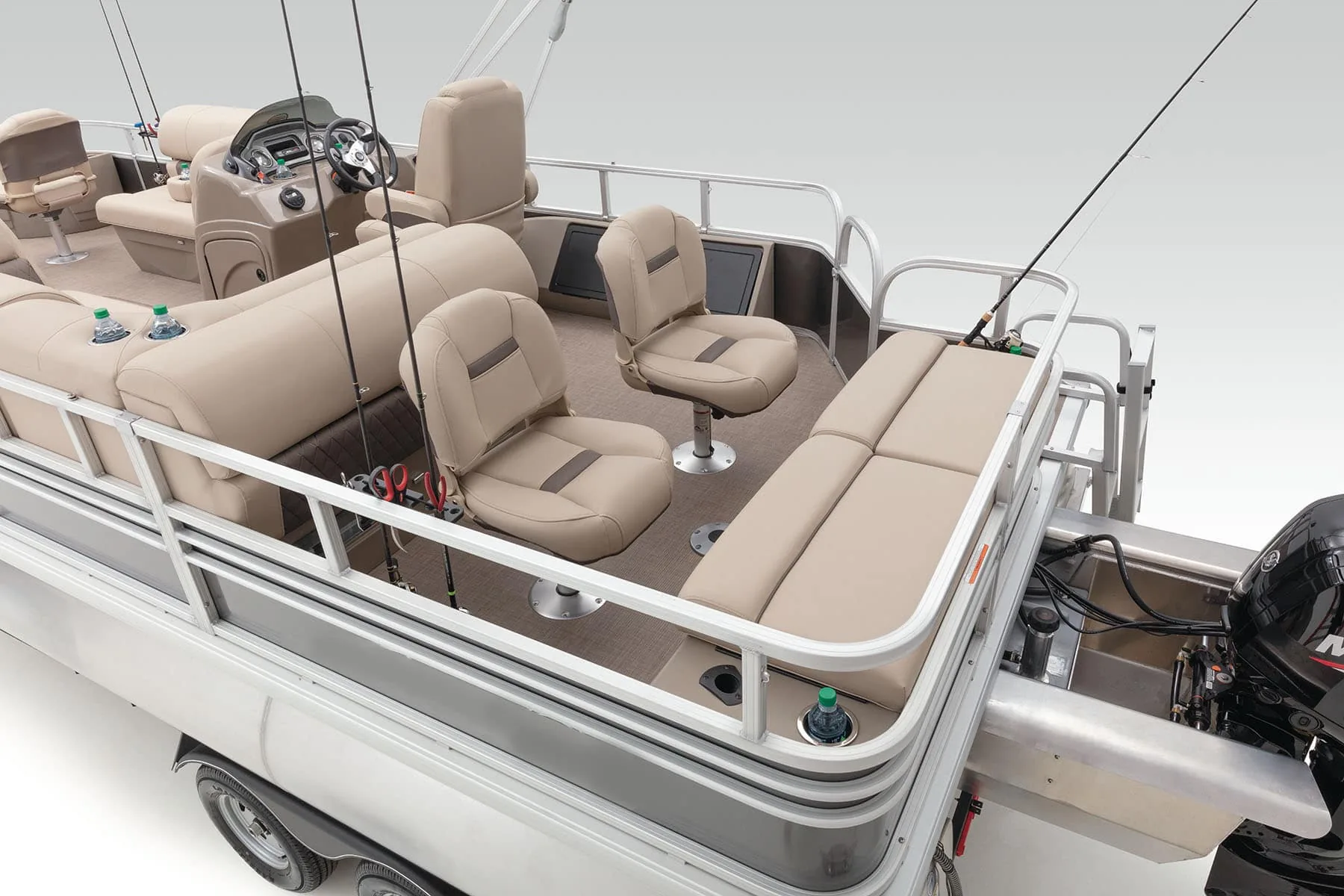 Pontoon stern with seating and an outboard engine