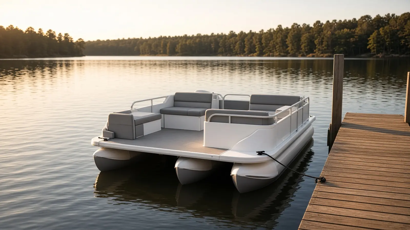 An empty pontoon boat tied at a wooden dock, with no people aboard
