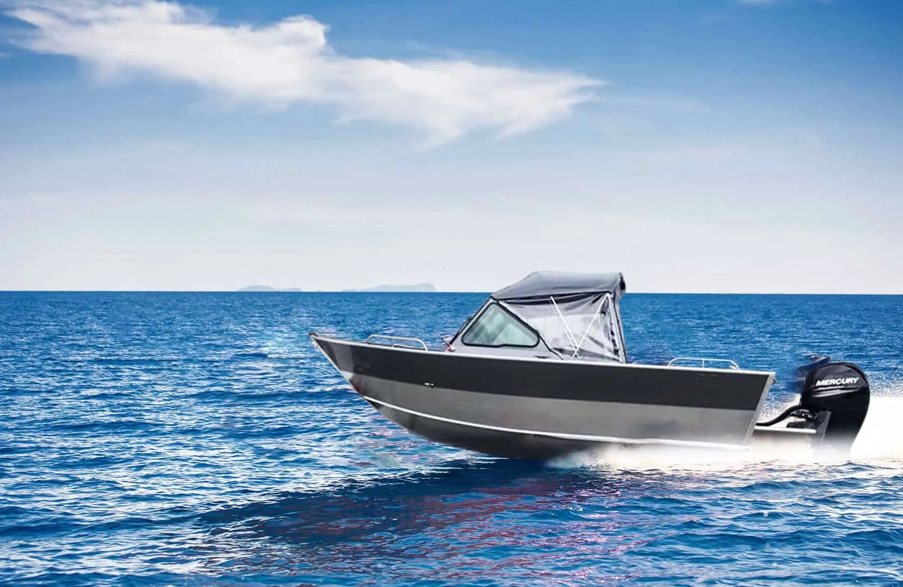 Shelter 21 reference fishing boat with a soft top and windscreen