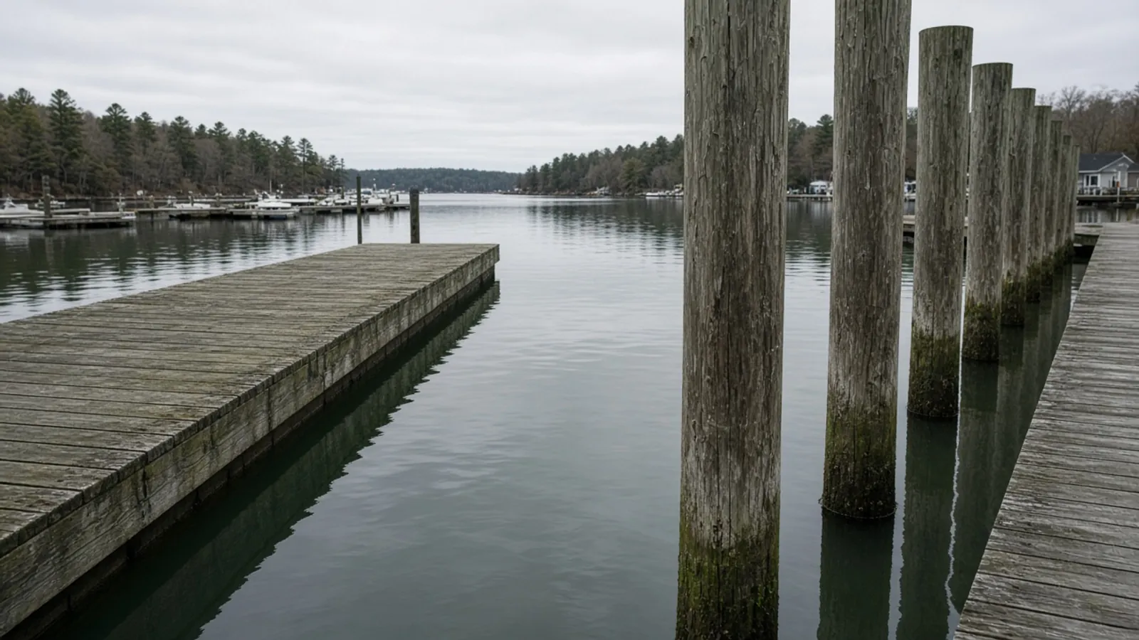 Illustrative empty berth with wooden docks and pilings projecting into the water space