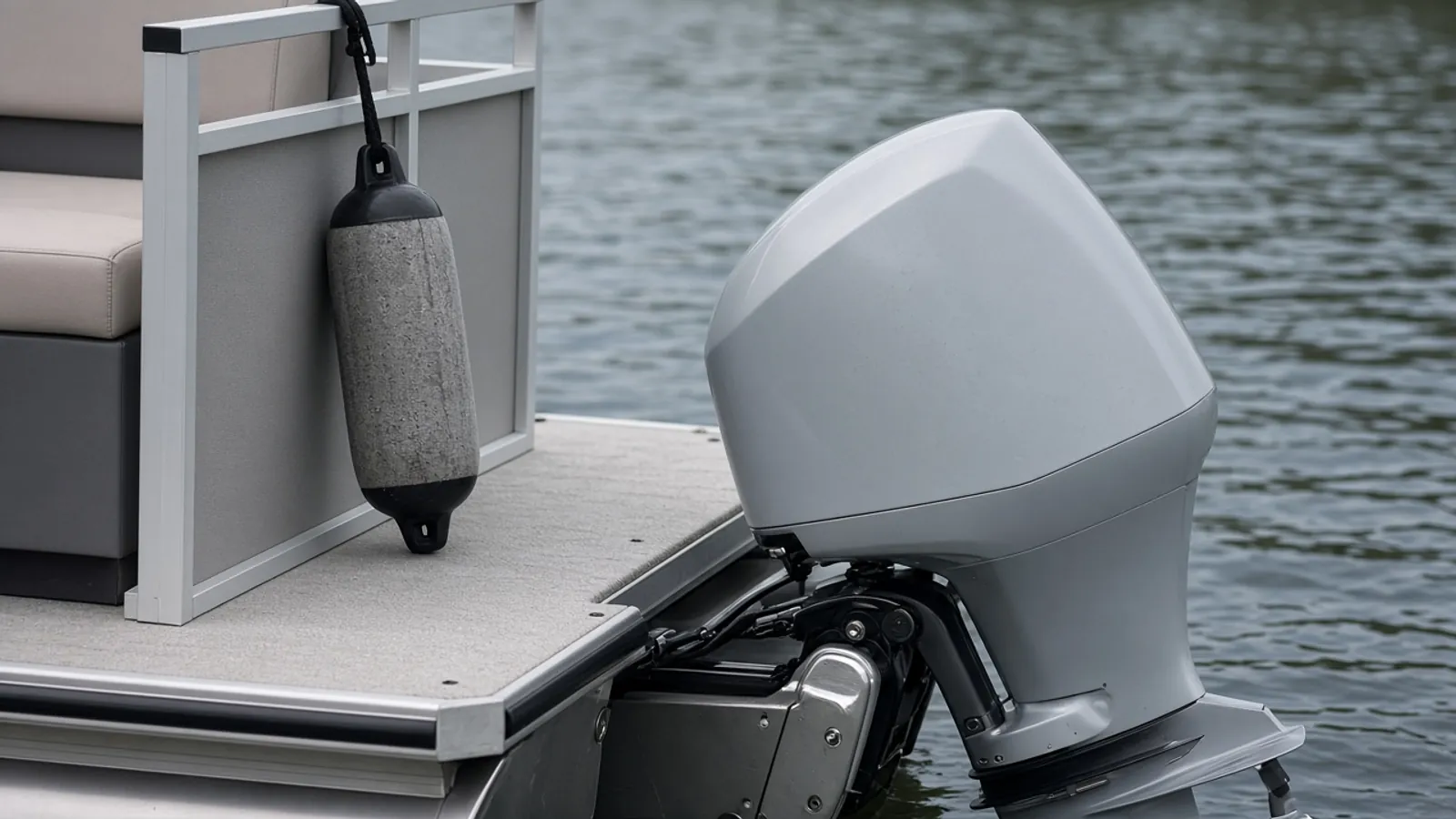 Illustrative pontoon stern with an outboard projecting behind the deck and a fender beside the fence