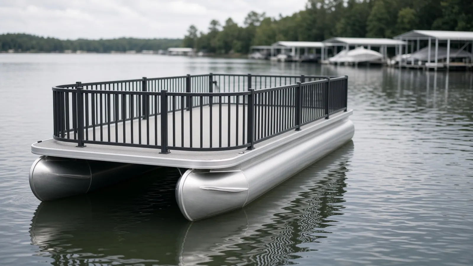 Illustrative pontoon showing its deck edge, surrounding fence and twin tubes