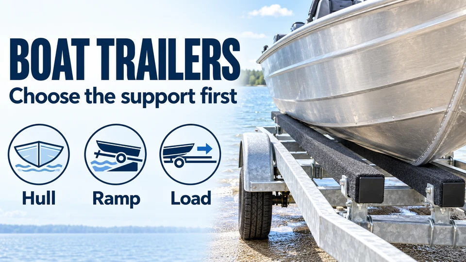 Boat trailers banner with hull, ramp and load icons beside an example aluminum hull on carpeted bunks