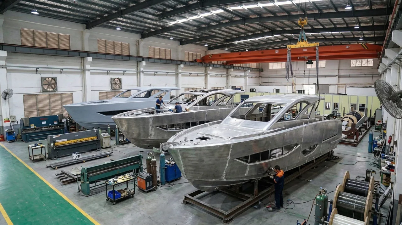 Unfinished metal yacht hulls on supports beneath an overhead crane, with workers alongside
